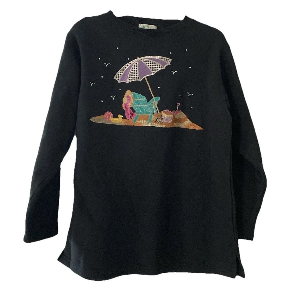 Quacker Factory Beach Sweatshirt Tunic Size Small Black Slits Vacation Beach